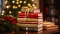 A close-up of a stack of classic holiday books, adorned with festive bookmarks Royalty Free Stock Photo