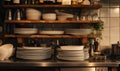 Close-up of stack of clean white dishes in modern kitchen