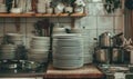 Close-up of stack of clean white dishes in modern kitchen