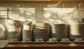 Close-up of stack of clean white dishes in modern kitchen