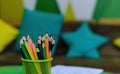 Close-up stack of colored pencils in a stationery glass Royalty Free Stock Photo