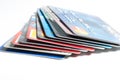 Close up of stack of credit cards on white background,illustrative editorial Royalty Free Stock Photo