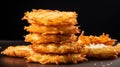 close up of a stack of deep fried coconut on a black background Generative AI