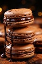 Close-up of a Stack of Delicious Chocolate Macaroons on a Dark Background