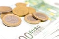 Close-up Stack of Euro banknotes and coins. 100 Euro banknotes. Royalty Free Stock Photo