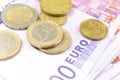 Close-up Stack of Euro banknotes and coins. 500 Euro banknotes. Royalty Free Stock Photo