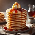 24 7. Close-up of a stack of fluffy pancakes drizzled with mapl