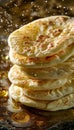 Close up of a Stack of Fresh Homemade Pancakes with Honey Drizzle and Sprinkle of Spices
