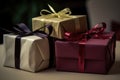 Close up of stack of gifts with ribbon, created using generative ai technology