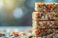 A close up of a stack of granola bars with seeds and nuts, AI