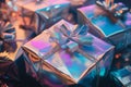 Close-up of a stack of iridescent gift boxes with silver ribbons and bows Royalty Free Stock Photo