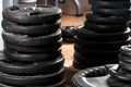 Close-up stack of metal barbells disks in gym Royalty Free Stock Photo