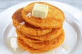 Stack of pumpkin pancakes with honey and butter