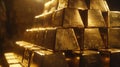 Close-up of a stack of shining gold bars. The image conveys a sense of wealth and luxury. The ingots are stacked on top of each Royalty Free Stock Photo