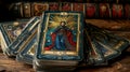A Close Up Of A Stack Of Tarot Cards With A Figure Of The High Priestess On The Top Card Royalty Free Stock Photo