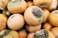 Stack of turnip golden balls on a market stall