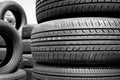 Close up of stack used car tires.