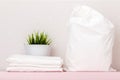 Close-up of a stack of white bedding, storage bag, house plant on a table against the background of light wall Royalty Free Stock Photo