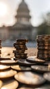 Close up of stacked coins signifying rising interest rates with government building in background