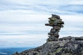 Close-up of stacked pyramid stones that mark a mountain trail, landmark for hiking, symbol of balance