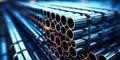 Close-up of Stacked Steel Pipes with a Reflective Surface in a Warehouse Industrial Theme with a Focus on Construction and Royalty Free Stock Photo
