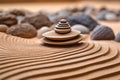 close-up of stacked zen garden stones with raked sand patterns Royalty Free Stock Photo