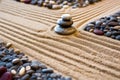 close-up of stacked zen garden stones with raked sand patterns Royalty Free Stock Photo