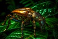Close-up of a Stag beetle on the green leaf.AI generated
