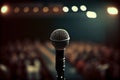 Close-up of a stage microphone. A blurred audience in the background. Ai genrative Royalty Free Stock Photo