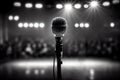 Close-up of a stage microphone. A blurred audience in the background. Ai genrative Royalty Free Stock Photo