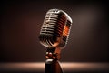 Close-up of a stage microphone. A blurred audience in the background. Ai genrative Royalty Free Stock Photo