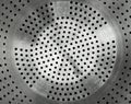 Close-up of stainless steel colander. Silver metal strainer