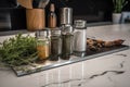 close-up of stainless steel countertop, with herbs and spices in bottles