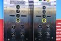 Close-up of stainless steel elevator control panel with multiple buttons and ticket warning sign. March 22, 2025 Prague Czechia Royalty Free Stock Photo