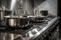 close-up of stainless steel range, with pots and pans in view