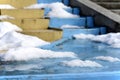 Close-up of stairs with melting snow