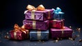 Close up of stapled Christmas Presents in various Colors. Festive Background