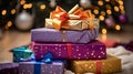 Close up of stapled Christmas Presents in various Colors. Festive Background