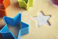 Close up star shaped cookie cutters in dough Royalty Free Stock Photo