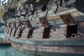 Close Up of the Starboard Side of an Ancient Pirate Galeon with