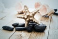 Close-up of starfish seashell on old wooden board Royalty Free Stock Photo