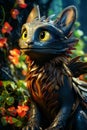 Close up of statue of cat in field of flowers. Generative AI Royalty Free Stock Photo