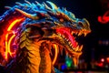 Close up of statue of dragon with its mouth wide open. Generative AI