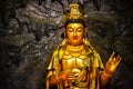 Close up The Statue Golden Bodhisattva Guan Yin located in the cave at Hangzhou CHINA