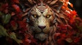 A close up of a statue of a lion surrounded by leaves. Generative AI image.
