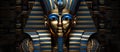 a close up of a statue of a pharaoh with a blue and gold hat