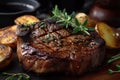 close-up of steak and sprigs of fresh thyme, with potatoes in the background