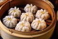 close-up of steamed chinese shrimp dumplings on bamboo steamers Royalty Free Stock Photo