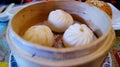 Close-up of the steamed prawn dumplings. Chinese traditional dim sum. Royalty Free Stock Photo