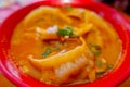 Close up of steamed soup of Momo served in a red bowl. A popular Nepalese food that is also common in Chiana, Bhutan